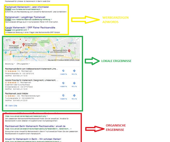 Suchergebnisse bei Google: Werbeanzeigen / Google Ads, Lokale Suchergebnisse / Organische Suchergebnisse.