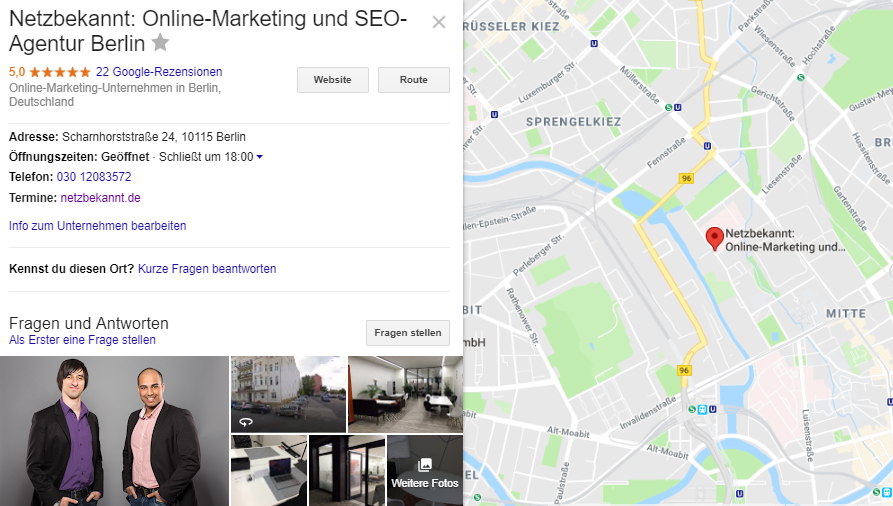 Hier sehen Sie den Google Maps Eintrag von Netzbekannt, der Agentur für Suchmaschinenoptimierung und Online-Marketing aus Berlin.