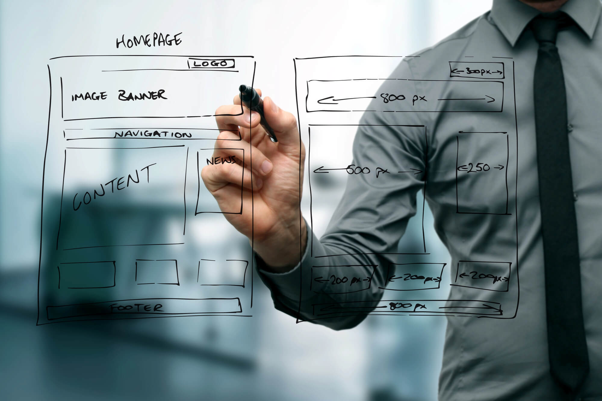 Web-Entwickler vor einem Entwurf für eine Webseitenstruktur